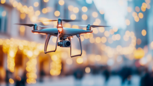 Sleek modern camera drone flying high above vibrant city street, capturing breathtaking aerial footage against blurred background of warm, golden bokeh lights, symbolizing advanced technology and surv