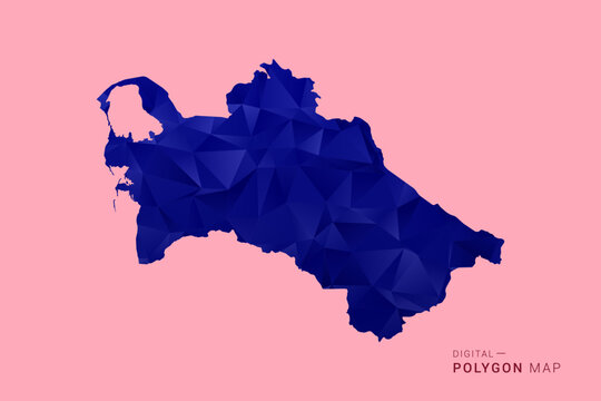 Turkmenistan Map - Low poly polygon map in deep blue gradient on soft pink pastel background, modern minimal geometric design, clean digital vector illustration.