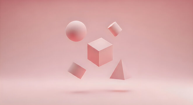Geometric shapes, pink 3D objects, floating forms, minimalist background