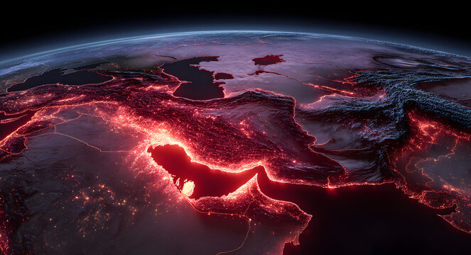 A map of Iran on Earth that is red and glows. A geopolitical conflict concept in the Middle East. A map of global crises and international relations for news and analysis.