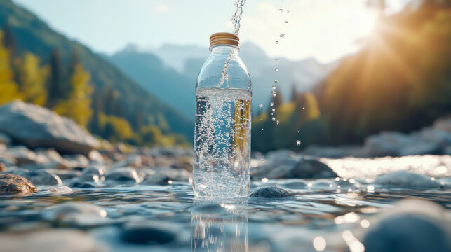 Pure mountain spring water cascades into sparkling glass bottle, capturing vibrant bubbles in shallow riverbed surrounded by majestic green mountains and warm golden sunlight.