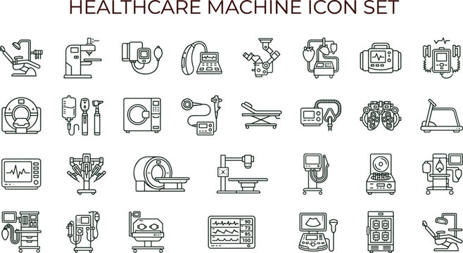Healthcare machine outline icon set with medical diagnostic imaging monitoring equipment symbols for hospital apps dashboards interfaces presentations education materials