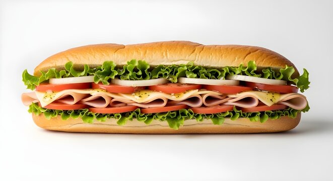 Fresh Deli Sub Sandwich with Turkey, Cheese, Lettuce, Tomato, and Onion on White Background