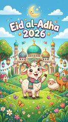 Fototapeta premium Cute Cartoon Goat Celebrating Eid al-Adha 2026 in Front of a Colorful Mosque