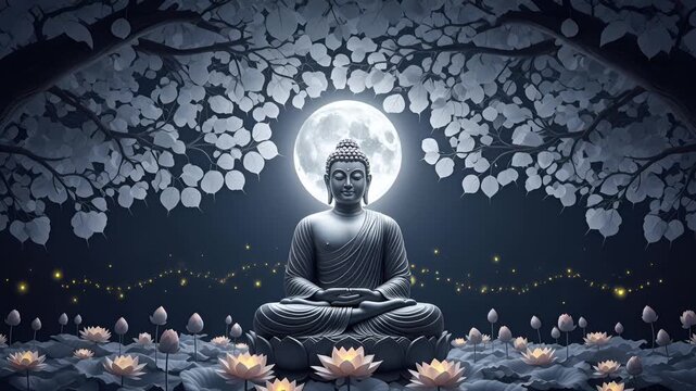 4k serene buddha statue glowing in lotus pond at dusk