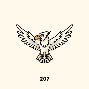 A cartoon image depicting a white bird with spread wings, an orange beak, and black outlines. Number "207" below