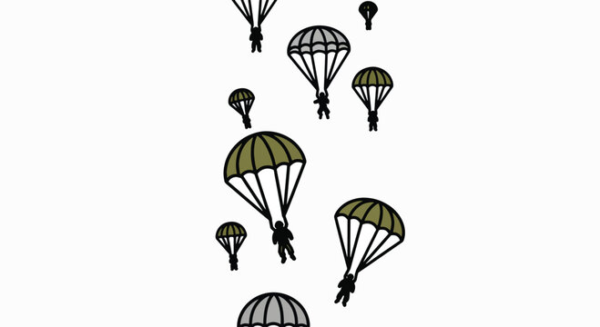 Illustration of multiple parachuters descending from the sky with green and black parachutes against a white background.