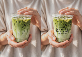 Hands Holding Matcha Plastic Cup Mockup