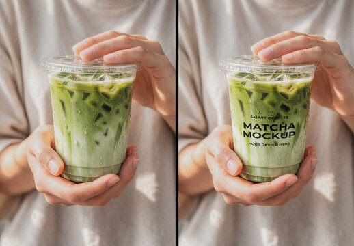 Hands Holding Matcha Plastic Cup Mockup