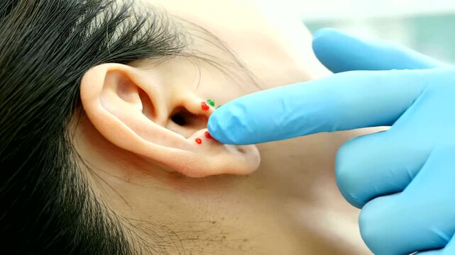 auricular acupuncture treatment shows ear points with a gloved practitioner or clinical ear acupuncture procedure demonstrates colored ear points with precision tools