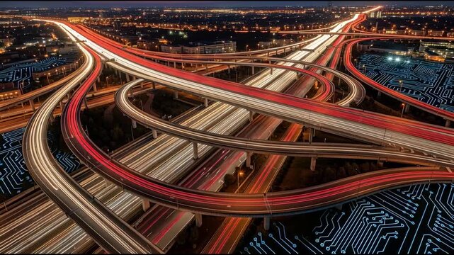 Aerial view of complex highway interchange at night with traffic trails