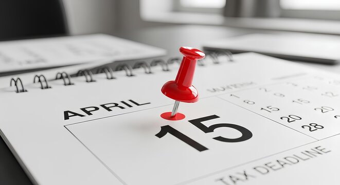 April 15 Tax Day Deadline Marked with Red Pushpin on Calendar for Financial Planning, Income Tax Return Submission, and Business Accounting Reminder