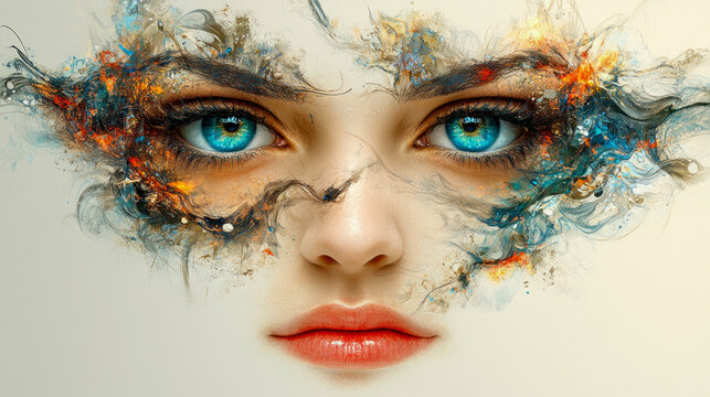 Mesmerizing abstract art merges with hyperrealistic human face, featuring piercing blue eyes and vibrant colors swirling around brows, creating surreal and ethereal portrait full of imagination and wo