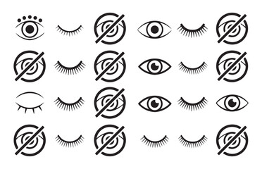 Naklejka premium Set of eye and visibility icons. open eye, closed eye, and crossed out eye for hide or show interface.
