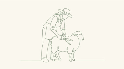 Minimalist Line Art of a Person Shearing a Sheep for Wool © StockStudio