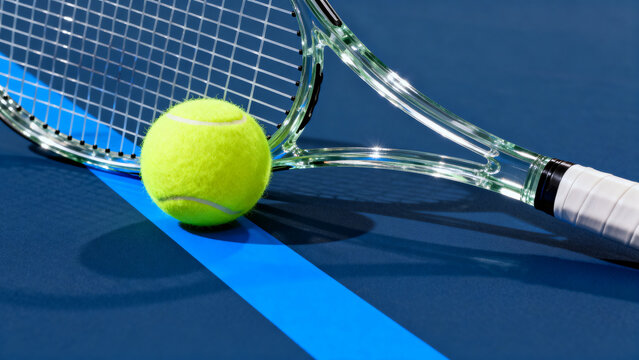 Tennis racket and ball in vibrant closeup representing Summer Sports and active outdoor recreation on blue court background [with copy space]