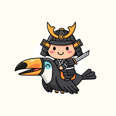 Obraz premium A cartoon-style illustration of a samurai riding a toucan. The samurai has a happy face, sword, and traditional armor. The toucan is colorful