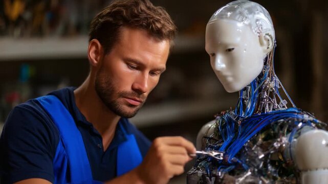 A skilled technician carefully works on a humanoid robot, adjusting intricate wiring and features, showcasing the blend of technology and human craftsmanship.