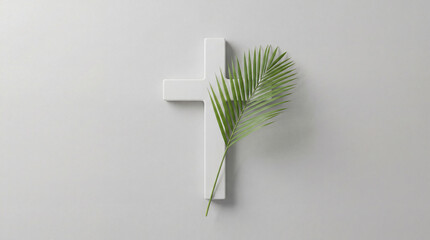 Obraz premium Minimalist, clean, and elegant representation of white cross adorned with vibrant green palm frond, symbolizing religious devotion, hope, and Easter season in serene, studio-lit setting with soft shad