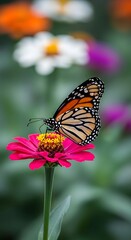 Naklejka premium A monarch butterfly lands on a vibrant pink flower in a garden with colorful blooms.