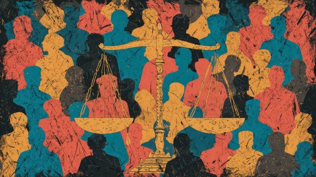 Abstract illustration of scales of justice surrounded by diverse figures