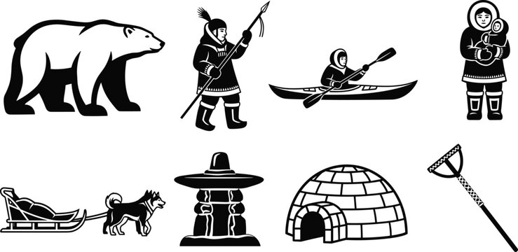 Black and White Arctic Cultural Icon Set Featuring Polar Bear Igloo Inuit Figures Kayak Dog Sled Inuksuk and Traditional Hunting Tools for Northern Heritage Design