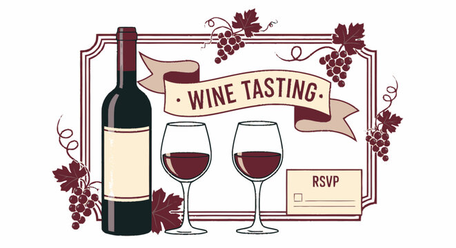 Wine Tasting Event Invitation with Bottle and Glasses.