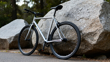 Fototapeta premium Mountain bike in adventurous style ready for Outdoor Activities and Summer Sports [with copy space]