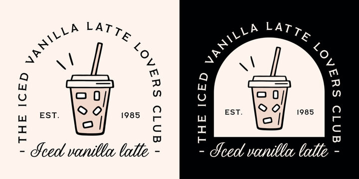Iced vanilla latte cold foam sweet cream coffee lovers club girl shirt design bourbon syrup flavor label logo. Milk drink with ice in plastic cup to go cafe aesthetic sticker black drawing print.