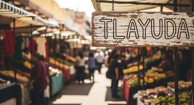 A Rustic Sign Hanging Above A Vibrant Market Stall