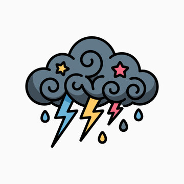 Stormy Weather Cloud with Lightning Bolts and Rain