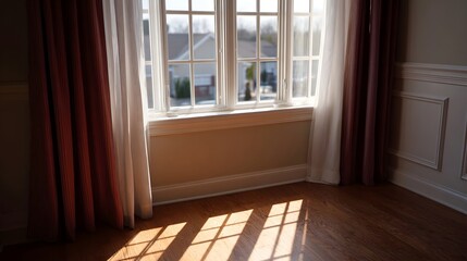 Fototapeta premium Sunlight streams through a multi pane window casting geometric shadows on a polished wooden floor in an empty room