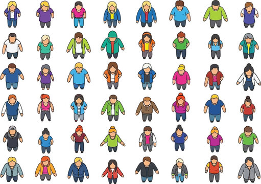 A colorful collection of diverse cartoon people icons displayed in a grid arrangement showcasing different outfits and hairstyles for design projects