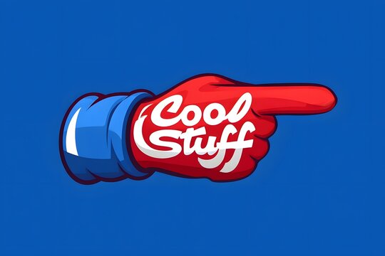 A vibrant graphic of a pointing hand with the words cool stuff on it.