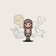 Fototapeta premium Little Girl Standing with Lion Rabbit and Birds
