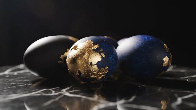 Easter egg decorated with gold leaf on a black marble table. Elegant holiday composition with dark and blue painted eggs for a stylish festive celebration.