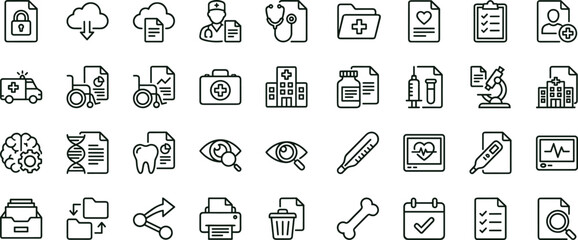 Healthcare documentation outline icon set with medical records hospital report symbols for apps dashboards interfaces presentations education materials © set kine