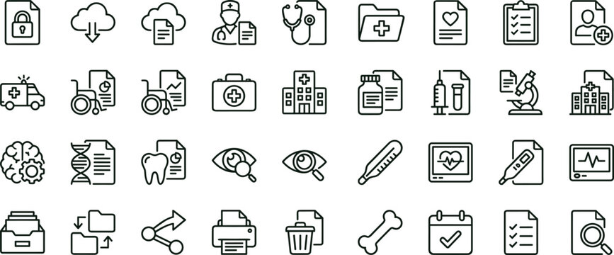 Healthcare documentation outline icon set with medical records hospital report symbols for apps dashboards interfaces presentations education materials