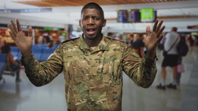 Man soldier raises hands with palms visible, pleading and looking upward in airport terminal; homecoming hopeful duty.
