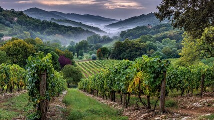 Fototapeta premium Vineyard landscape with rows of grapevines leading towards rolling hills