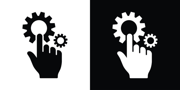 Vector icon of a hand clicking on a large gear wheel, symbolizing manual settings, system interaction, process control, and technical optimization. Simple flat black and white design.