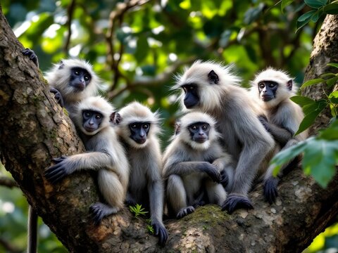 Group of Langur Monkeys Resting in Forest Tree