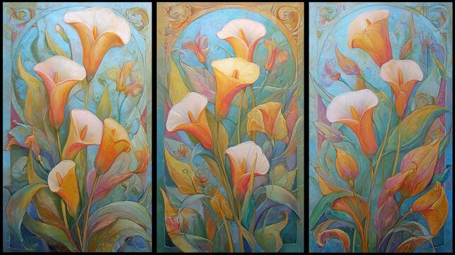 Elegant floral artwork featuring calla lilies in full bloom with vibrant colors