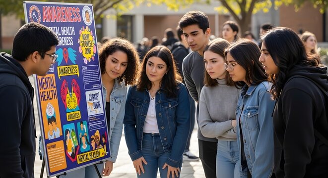Teenagers gather around a man showing a colorful poster outdoors on a sunny day.