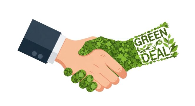Two hands shaking with green leaves on the handshake, symbolizing a green deal.