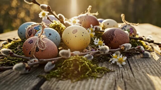 Decorative Easter eggs with pussy willow branches and moss on rustic wooden table. Festive spring composition for home holiday decor. Nature morning sunlight.