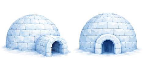 Watercolor igloo collection illustration with snowy ice houses isolated on white background. © liana