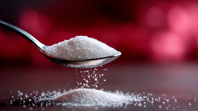 Sugar crystals fall from a silver spoon