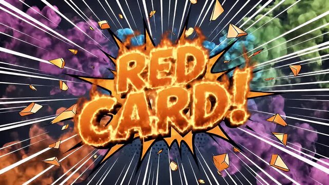 Fiery 'RED CARD!' text with explosive comic style elements