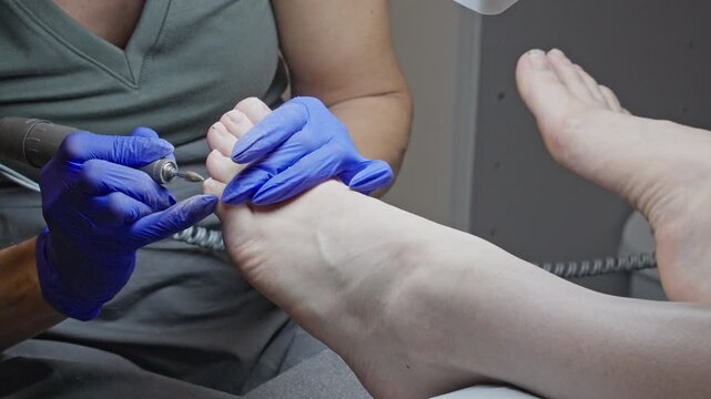 Closeup pedicure treatment with gloved technician trimming toes using electric file, sterile salon setting with focused precision, nail shaping and hygienic tools.
